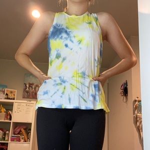 Blue-Yellow Tie-Dye Snatched Back Athletic Tank Top Womens